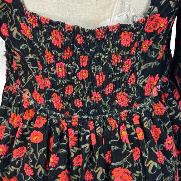 Free People Large Bessie Corduroy Mini Dress Floral Puff Sleeves Sweatheart Neck - Picture 9 of 14
